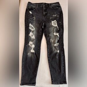 Judy Blue - Black Bleach Splatter Distressed Boyfriend Jeans size 14